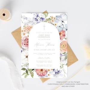 Wildflower First Holy Communion Invitation Template, First Holy Communion invite, 1st Holy Communion invite girl, digital holy confirmation
