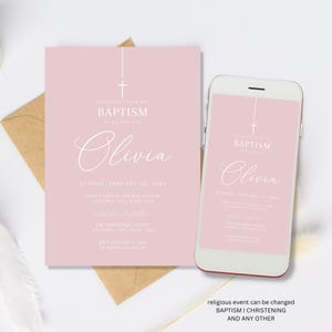 Pink Baptism Invitation Girl, Christening Invitation, Arch Baptism Invite Printable, Pink Christening Invitation, Holy Communion