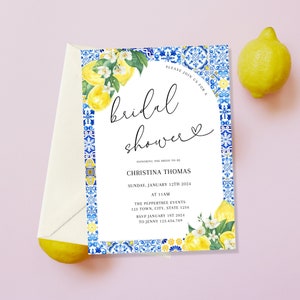 Lemon Bridal Shower Invitation template, Blue tile bridal shower invite, Italian Blue Tile Lemon Main Squeeze, Mediterranean lemon bridal