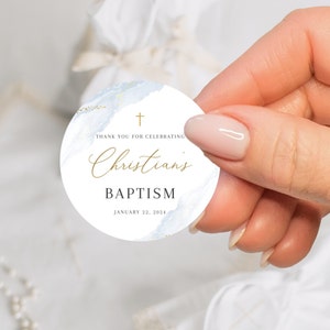 Blue Baptism Favor Tag Template, Thank You Tag, Sticker Favor Tag Template, Christening Tag, modern baptism, sticker baptism Dusty blue tag