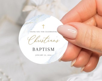 May include: Round blue and gold thank you favor tag with the text "Thank you for celebrating Christian's Baptism January 22, 2024".