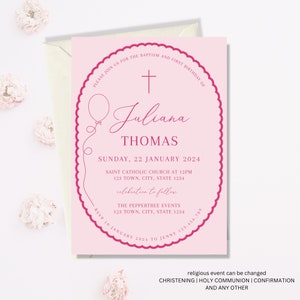 First birthday and Baptism girl invitation, Balloons Christening Invite , Hot Pink Invite, Girls Pink Modern Invite, First Birthday Invite