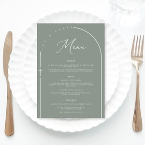 Baptism menu template, Eucalyptus Green Arch Menu Template add Guest Names, Modern Wedding Place Card Dinner Menu,  Printable menu digital