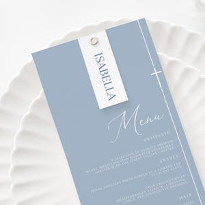 Dusty Blue Menu Template and place card, Baptism Blue Menu, Modern Menu Printable Christening Menu, Baptism Menu place card combo