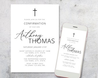 May include: A white invitation card with a black cross at the top and the text "Please join us for the Confirmation of our son Anthony Thomas" in black cursive font. The invitation details a Confirmation event on Saturday, January 21st at 10 AM at Saint Catholic Church. The event will be followed by a celebration at The Peppertree Events. The RSVP information is provided at the bottom of the card.