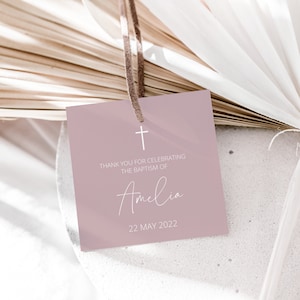 Dusty pink Rose Baptism Favor Tag Template, Modern Thank You Tag, Gold, Minimalist, Wedding Favor Tag Template, Christening Tag