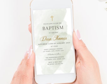 Baptism Evite, Christening Evite, Holy Communion Evite, Digital Invitation, Sage and Gold Baptism Watercolour Evite
