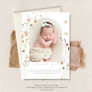 Thank you card Baptism Girl, Christening thank you card, Baptism with photo thank you, Printable Christening, digital girl thank you card