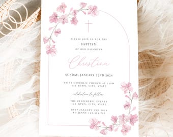 Pink Baptism Invitation Girl, Arch Christening Invitation, Pink flower Wildflower Pink Baptism, Printable Baptism Invitation, Wild Flower