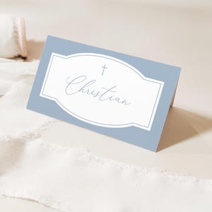 Place Cards Template, Dusty Blue Place Cards, Editable Place Cards Name, Baptism Place card blue folded, Christening placecards Dusty Blue