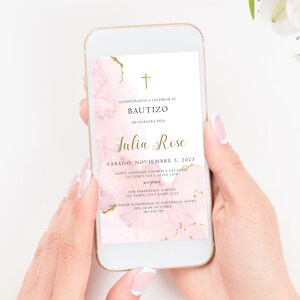 Invitacion de Bautizo, Rosa Bautizo Invitation In Spanish, Invitaciones Bautizo, Classic Baptism, Mi Bautizo, Religious Invitation, Pink