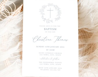 Vintage Floral Baptism Invitation Boy or Girl Flower Christening Invitation Dusty Blue Template, Crest Baptism Invitation with Cross in Blue