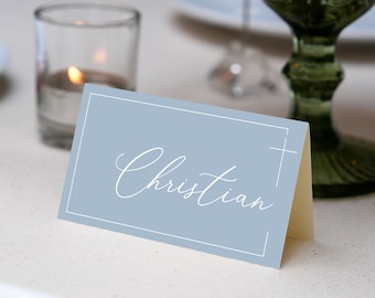 Place Cards Template, Dusty Blue Place Cards, Editable Place Cards Name, Baptism Place card blue folded, Wedding placecards Dusty Blue card