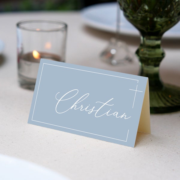 Place Cards Template, Dusty Blue Place Cards, Editable Place Cards Name, Baptism Place card blue folded, Wedding placecards Dusty Blue card
