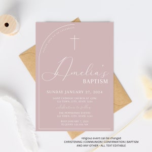 Dusty Pink Baptism Invitation Girl, Christening Invitation, Arch Baptism Invite Printable, Pink Christening Invitation, Holy Communion