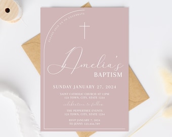 Dusty Pink Baptism Invitation Girl, Christening Invitation, Arch Baptism Invite Printable, Pink Christening Invitation, Holy Communion