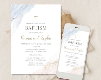 Joint Sibling Baptism Invitation, EDITABLE Communion Invite Template, Christening Invitation for twins, boy and girl, joint baptism invite