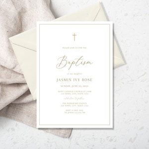 Baptism Invitation, Boy Christening Invitation Template, Gold Christening Invite, Simple Boys Baptism Invite, White with gold baptism invite