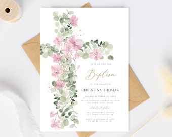 Pink Baptism Invitation Girl, Girl Christening Invitation Template, Pink Christening Invite Template, Pink floral Baptism Invitation evite