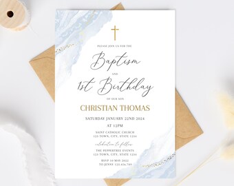 Boy Baptism Invitation, 1st Birthday Christening Invite, Blue Watercolor, Boy Blue Gold Invite, Baptism Invite, first birthday download