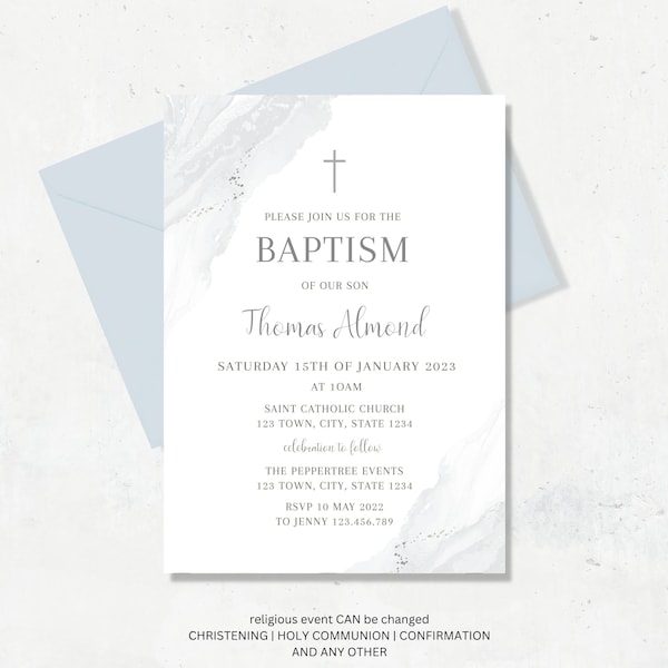 Modern Christening Invitation, Boy Baptism Invitation Template, Silver Christening Invite Template, Grey Watercolor Boys Grey Silver Evite