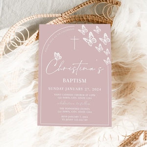 Dusty Pink Baptism Invitation Girl, Christening Template, Arch Baptism Invite Printable, Pink Christening Invitation, Pink Butterfly Baptism