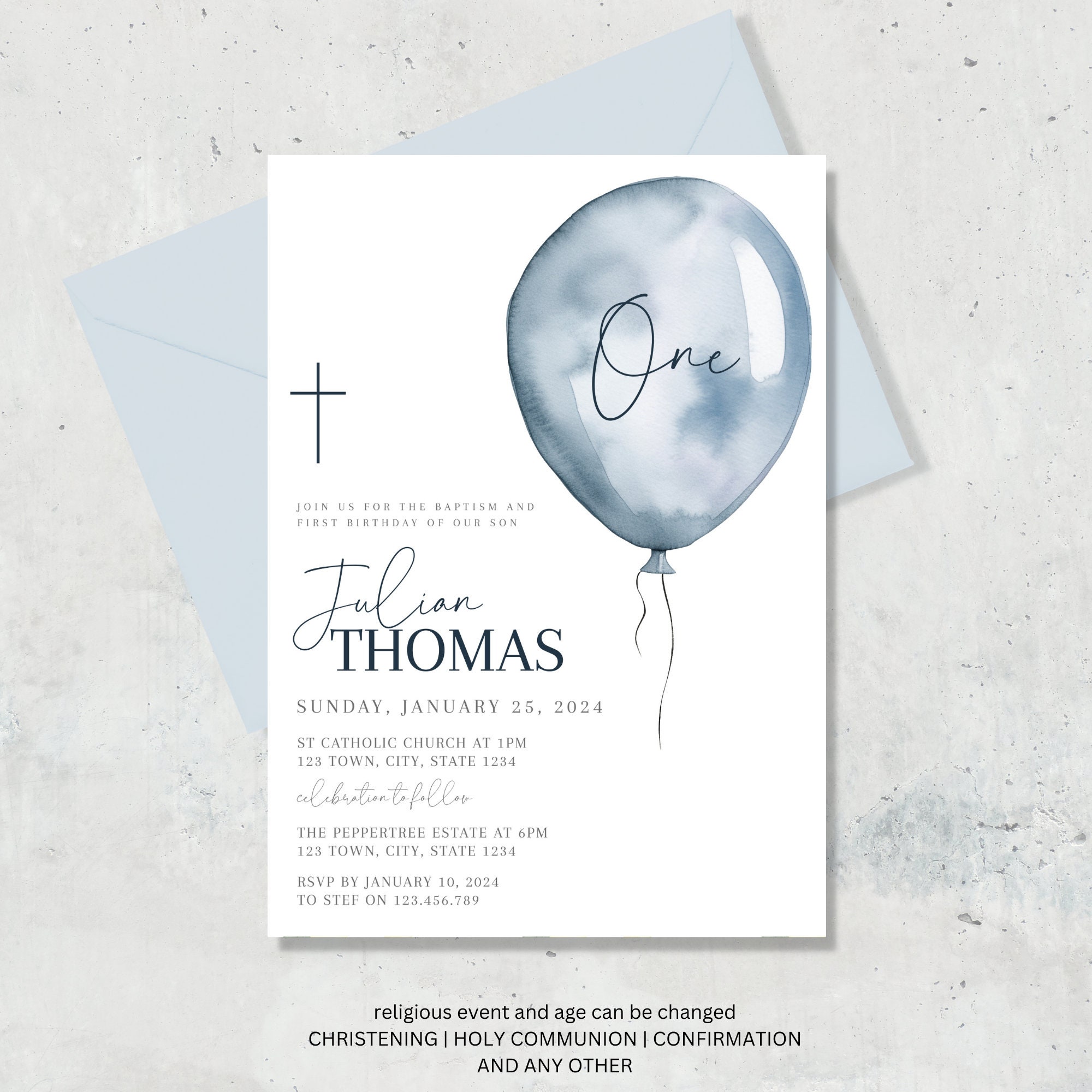 First birthday and Baptism boy invitation, Balloons Christening Invite , Dusty Blue Invite, Boys Blue Modern Invite, First Birthday Invite