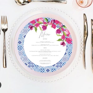 Blue Tiles Greece Menu Bougainvillea Digital Invitation, Santorini Theme Wedding Menu, dinner menu, italian tiles menu, round Menu Printable