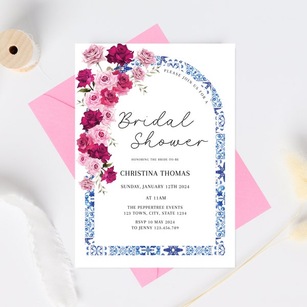Mediterranean Bridal Shower Invitation, Modern Elegant Wedding Invitation Template, Printable Wedding Invite, Santorini Blue Tiles Pink