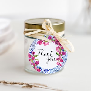 Santorini Blue Tiles Bougainvillea Favor Tag Template, Modern Thank You Tag, Minimalist, Wedding Favor Tag Template, modern sticker