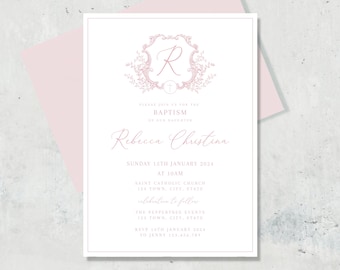 Monogram baptism invite, Floral Baptism Invitation Girl, Girl Flower Christening Invitation Dusty Pink Template, Crest Baptism Invitation