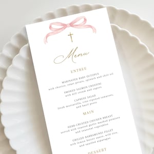 Pink Baptism Menu, Bow Pink Christening Menu, Religious Menu for baptism decor, Pink bow menu Holy Communion, "4 x 9" DIY Printable menu