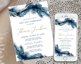 Navy First Communion Invitation digital, Blue Communion Invitation Template, Digital Invite, Editable, Instant Download, Printable communion