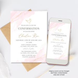 May include: Pink and gold confirmation invitation with a dove graphic. The invitation includes the text "Please join us for the Confirmation of our daughter Christina Rose" and details for the event. The invitation is displayed on a smartphone and a printed card.