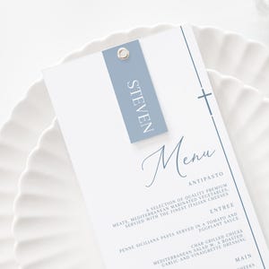 Dusty Blue Menu Template and place card, Baptism Blue Menu, Modern Menu Printable Christening Menu, Baptism Menu place card combo