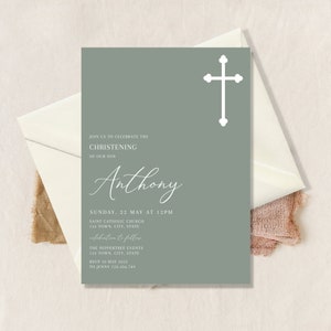 Orthodox Christening Invitation, Boy Baptism Invitation Template, Green Christening Invite Template, Green Orthodox Cross Boys Invite