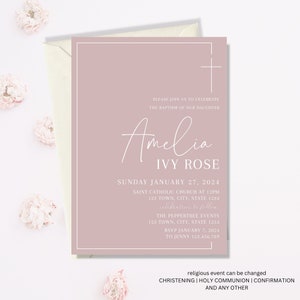 Dusty Pink Baptism Invitation Girl, Christening Invitation, Arch Baptism Invite Printable, Pink Christening Invitation, Holy Communion