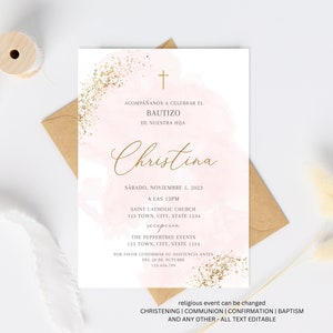 Invitacion de Bautizo, Rosa Bautizo Invitation In Spanish, Invitaciones Bautizo, Classic Baptism, Mi Bautizo, Religious Invitation, Pink