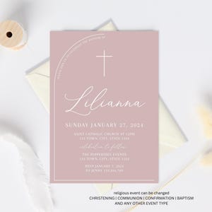 Dusty Pink Baptism Invitation Girl, Christening Invitation, Arch Baptism Invite Printable, Pink Christening Invitation, Holy Communion