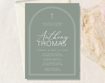 Boy Baptism Invitation, Christening Invite , Green Invite, Boy Arch Green Modern Invite, Baptism Invite, Holy Communion digital download