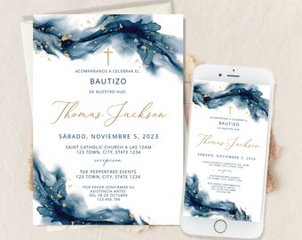 May include: A blue and gold baptism invitation with a cross and the text "Acompañanos a celebrar el Bautizo de nuestro hijo Thomas Jackson" and "Sabado, Noviembre 5, 2023". The invitation includes the time and location of the baptism and reception.