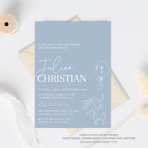 Rabbit Baptism and Birthday invitation, Balloons Christening Invite, Dusty Blue Invite, Rabbit Baptism invite, First Birthday Baptism Invite