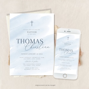Navy Blue Boy Baptism Invitation, Christening Boy Invitation Template , Holy Communion Invite, Blue Baptism Invitation, Modern boy baptism