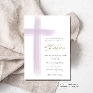 Purple Baptism Invitation Girl, Girls Christening Invitation Template, Purple Christening Invite Template, Purple Girls Baptism Invite image 4
