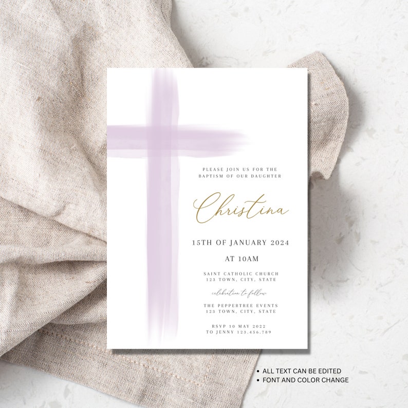 Purple Baptism Invitation Girl, Girls Christening Invitation Template, Purple Christening Invite Template, Purple Girls Baptism Invite image 4