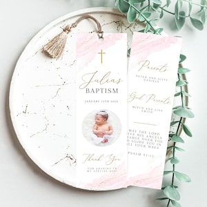 Pink Baptism Bookmark template, Personalized Baptism Bookmark, Pink Baptism Bookmark, Custom Bookmark Keepsake, Printable Christening Favor