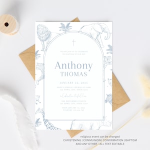 Blue Baptism Invitation Animal Safari, Boy Christening Invitation Template, Blue Baptism Invite Template, Blue Jungle Animal Boys Baptism