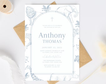 May include: A blue and white baptism invitation with a cross and a jungle animal theme. The invitation reads "Please join us to celebrate the baptism of our son Anthony Thomas January 22, 2025 Saint Catholic Church at 10am 123 Town, City, State 1234 Celebration to follow The Peppertree Events 123 Town, City, State 1234 RSVP January 12, 2025 To Jenny 123.456.769 Religious event can be changed Christening | Communion | Confirmation | Baptism and any other - All text editable"
