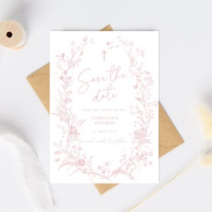 Baptism Invitation Save the Date Template, Girl Pink save the date christening,  Girl Save the date Invitation Template, Christening evite
