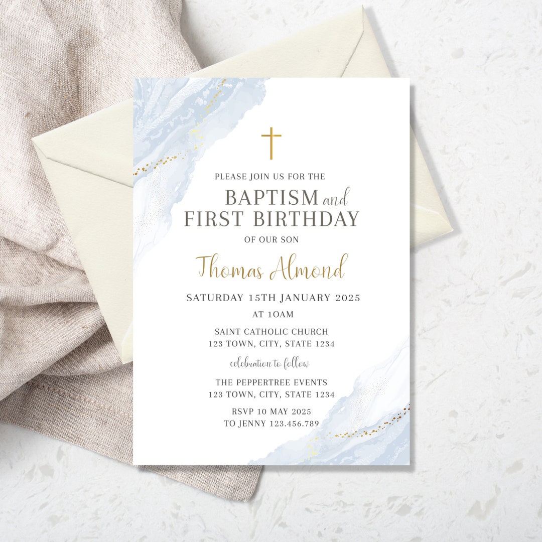 Baptism Birthday Invitation, Boy Baptism Invitation Template, Blue Christening Invite Template